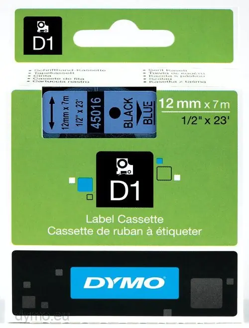 DYMO D1 - Selbstklebend - Schwarz auf Blau - Rolle (1,2 cm x 7 m) 1 Kassette(n) Etikettenband - für LabelMANAGER 100, 160, 210, 220, 260, 280, 300, 360, 420, Wireless PnP; LabelPOINT 250 DYMO D1 - Selbstklebend - Schwarz auf Blau - Rolle (1,2 cm x 7 m) 1 Kassette(n) Etikettenband - für LabelMANAGER 100, 160, 210, 220, 260, 280, 300, 360, 420, Wireless PnP; LabelPOINT 250