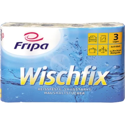 Fripa Küchenrolle Wischfix 3-lagig 100 % Frischzellstoff hochweiß 4 Rl./Pack. Fripa Küchenrolle Wischfix 3-lagig 100 % Frischzellstoff hochweiß 4 Rl./Pack.