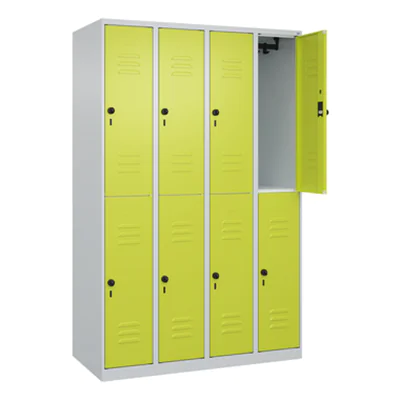 C+P Kleiderspind Classic PLUS 1.200 x 1.850 x 500 mm (B x H x T) 4 Abteile Stahl Farbe der Front: clowngrün Farbe des Korpus: lichtgrau