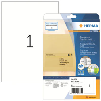 HERMA Folienetikett 4375 210x297mm transparent 25 St./Pack. HERMA Folienetikett 4375 210x297mm transparent 25 St./Pack.