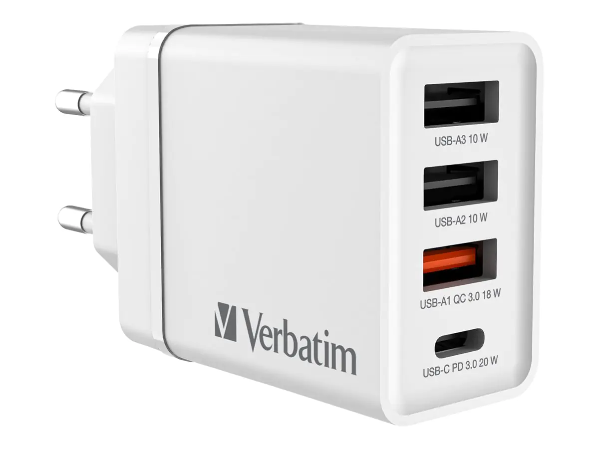 Verbatim Netzteil - 30 Watt - 5 A - PD 3.0, QC 3.0 - 4 Ausgabeanschlussstellen (USB-C, 3 x USB Typ A) 49701