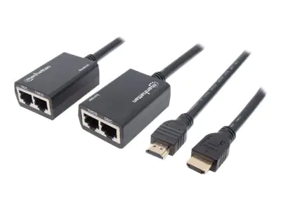 Manhattan 1080p HDMI over Ethernet Extender with Integrated Cables, Distances up to 30m with 2x Cat5e or Cat6 Ethernet Cables (not included), Black, Three Year Warranty, Blister - Sender und Empfänger - Erweiterung für Video/Audio - HDMI - bis zu 30 m