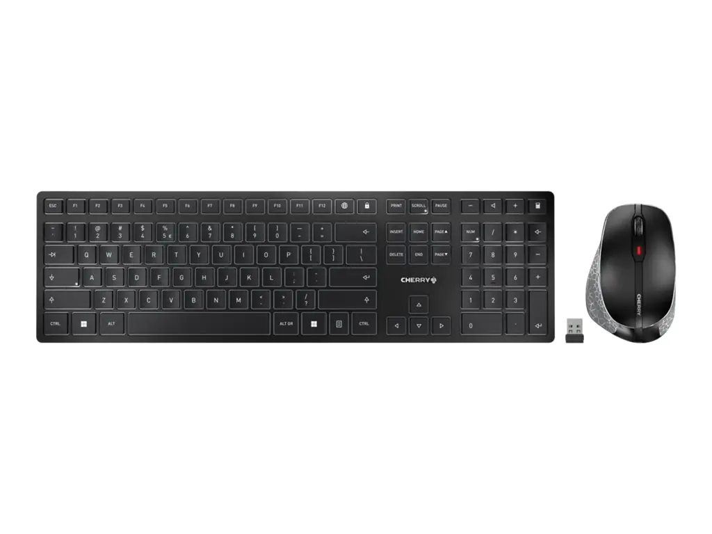 CHERRY DW 9500 SLIM - Tastatur-und-Maus-Set - kabellos - 2.4 GHz, Bluetooth 4.0 - Deutsch - Tastenschalter: CHERRY SX - Grau, Schwarz - plastikfreie Verpackung CHERRY DW 9500 SLIM - Tastatur-und-Maus-Set - kabellos - 2.4 GHz, Bluetooth 4.0 - Deutsch - Tastenschalter: CHERRY SX - Grau, Schwarz - plastikfreie Verpackung