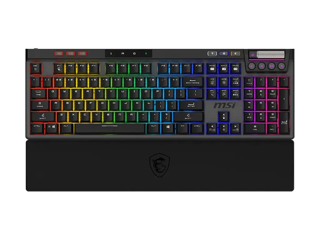 MSI STRIKE PRO - Tastatur - hintergrundbeleuchtet - kabellos - 2.4 GHz, Bluetooth, USB - Tastenschalter: Kailh Midnight Pro Silent (hot-swappable) S11-43DE209-CLA