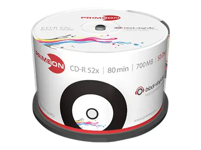 Primeon - 50 x CD-R - 700 MB (80 Min) 52x - Schwarz - mit Tintenstrahldrucker bedruckbare Oberfläche - Spindel
