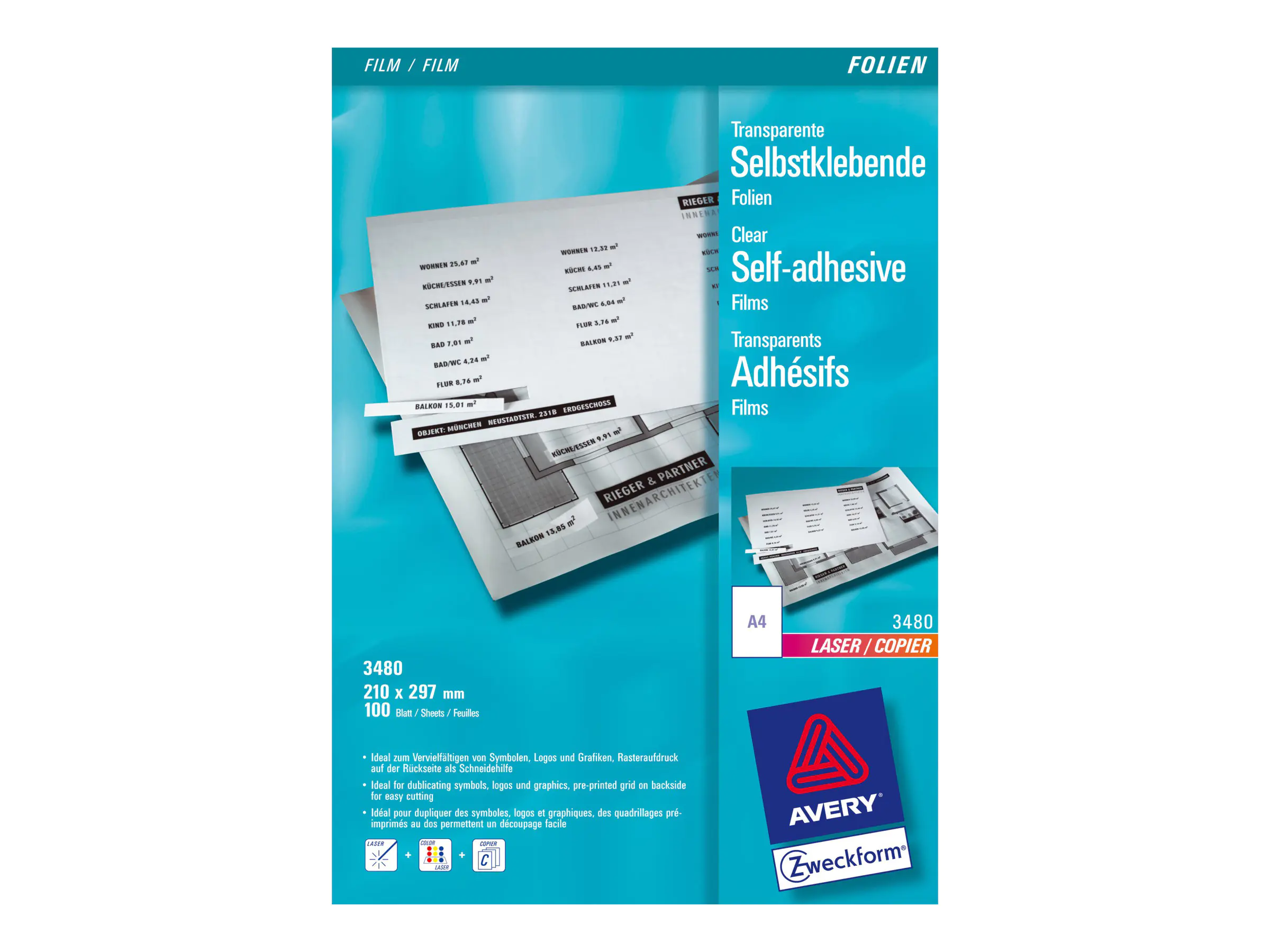 Avery Zweckform Laserfolie 3480 210x297mm transparent 100 St./Pack.