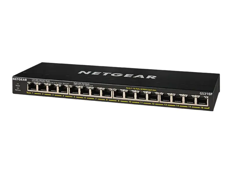 NETGEAR GS316P - Switch - unmanaged - 16 x 10/100/1000 (PoE+) - Desktop, wandmontierbar - PoE+ (115 W)