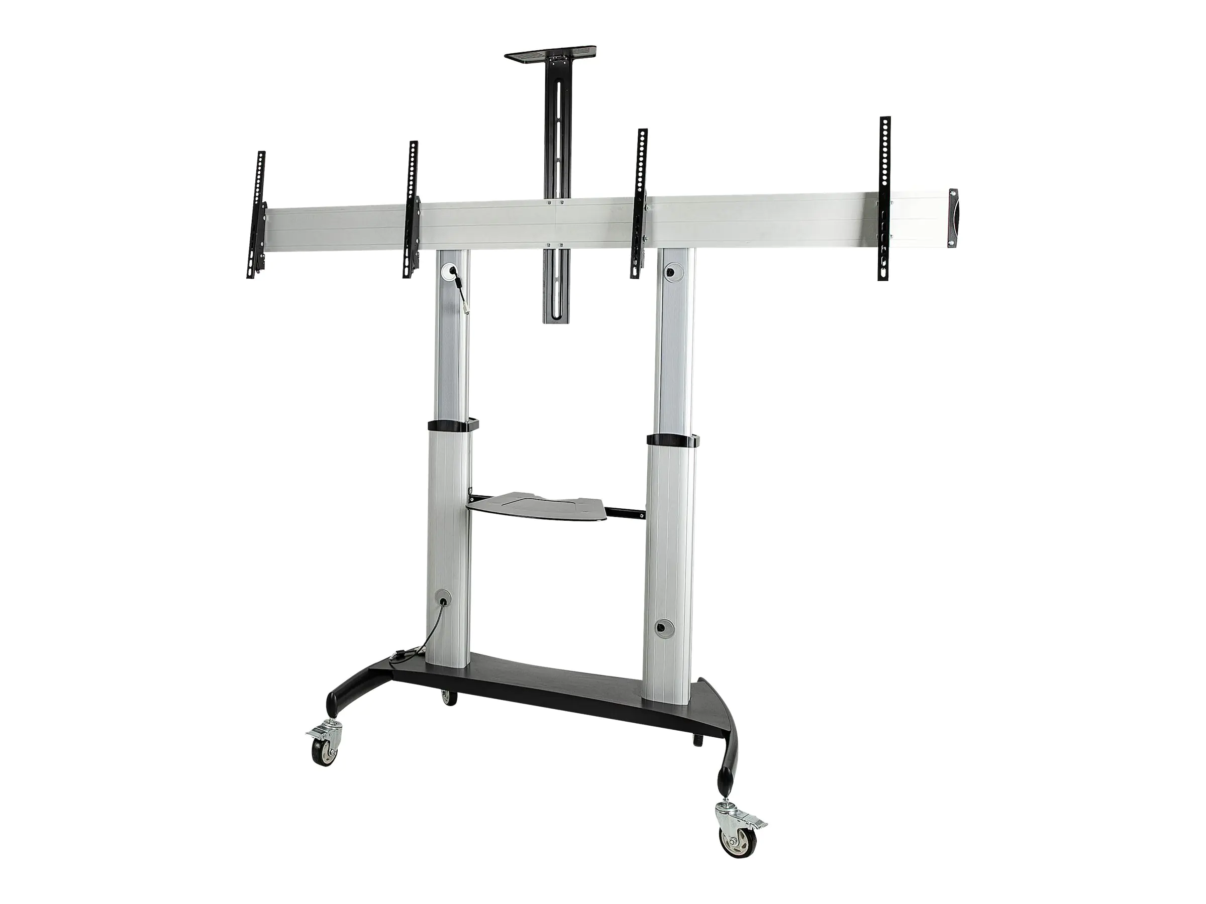 StarTech Doppel TV Ständer mit rollen für 37-60 Zoll VESA Bildschirme jeweils bis 50kg - Höhenverstellbarer/Schwenkbarer TV Rollwagen - Präsentationswagen für zwei TVs mit Ablage - (STNDMTVDUO) - Wagen - für 2 Monitore / Curved-Monitore - Aluminium,