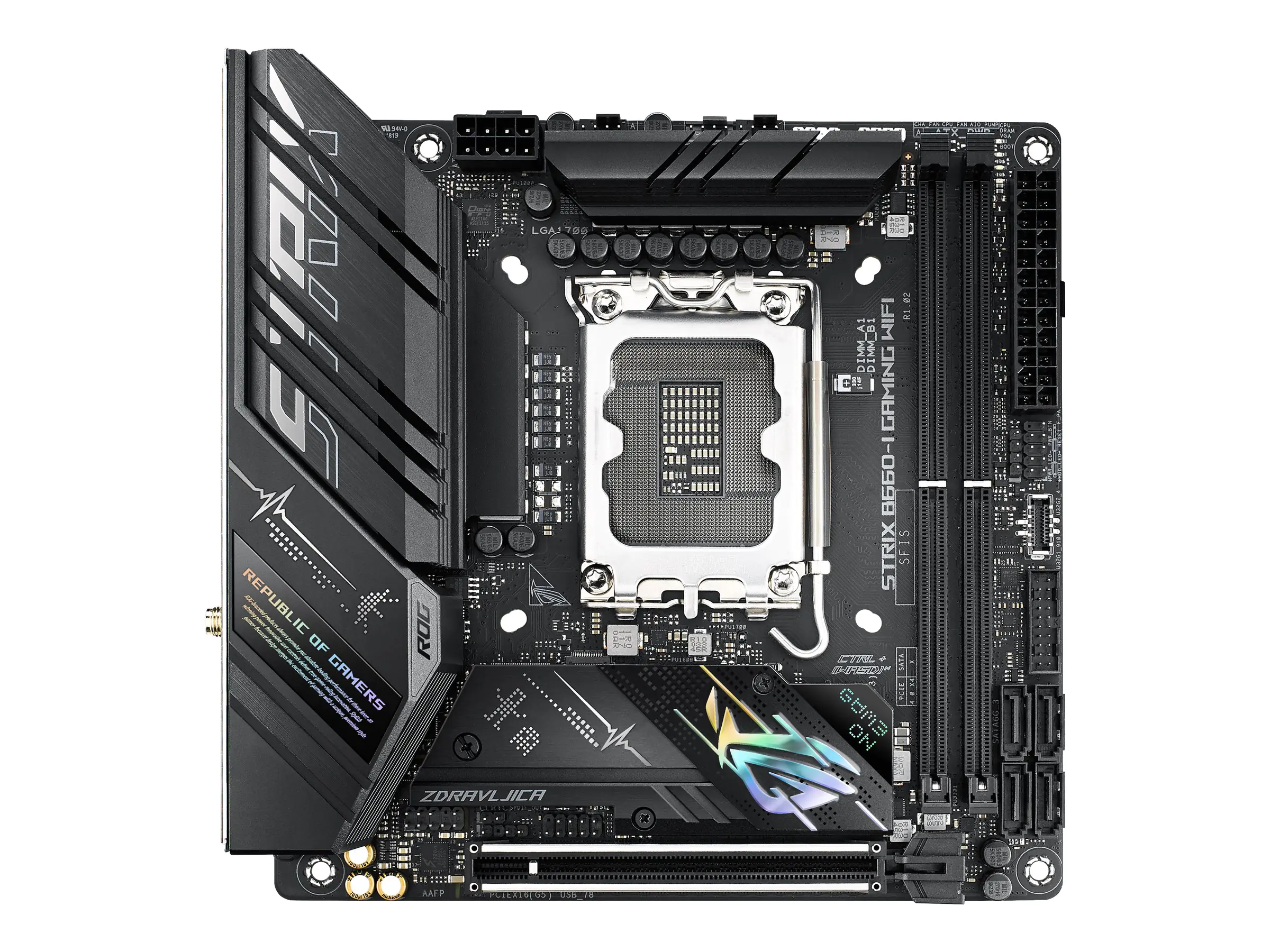 ASUS ROG STRIX B660-I GAMING WIFI - Motherboard - Mini-ITX - LGA1700-Sockel - B660 Chipsatz - USB-C Gen2, USB-C Gen1, USB 3.2 Gen 1, USB-C Gen 2x2 - 2.5 Gigabit LAN, Wi-Fi 6, Bluetooth - Onboard-Grafik (CPU erforderlich) - HD Audio (8-Kanal)