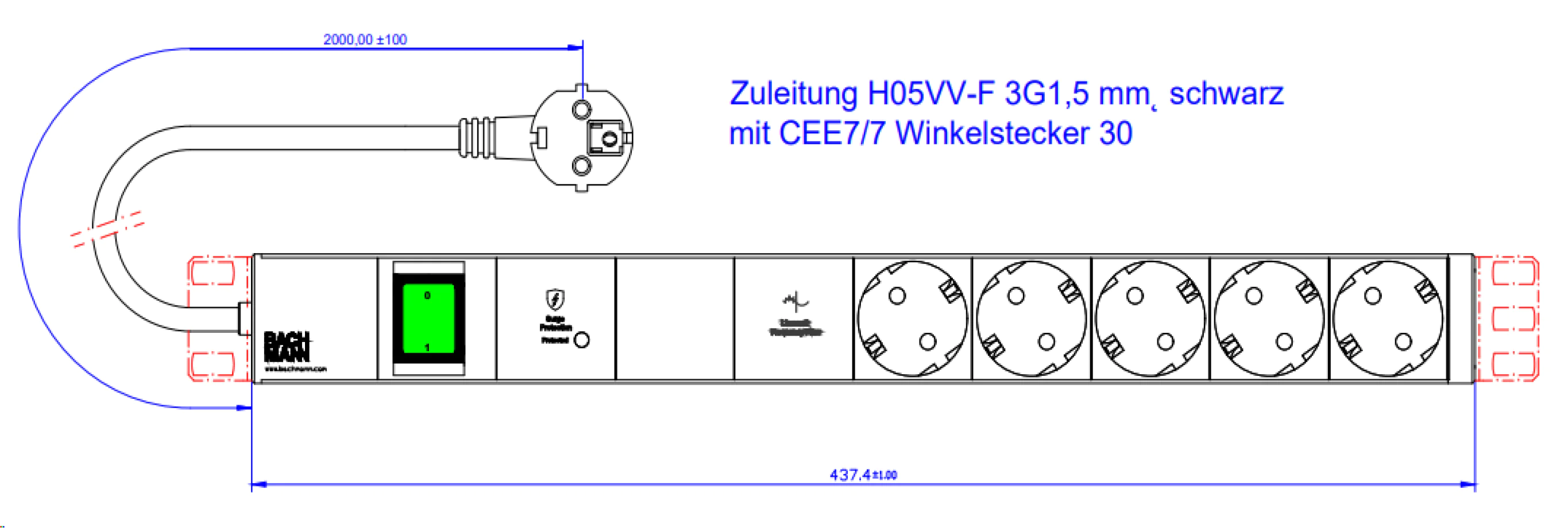Bachmann 19" 1HE 5xCEE7/3 800.39351xSchalter 1xGVS-Plus 2 0m CEE7/7" Bachmann 19" 1HE 5xCEE7/3 800.39351xSchalter 1xGVS-Plus 2 0m CEE7/7"