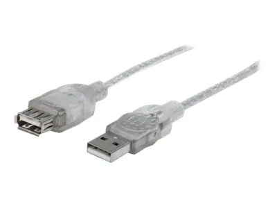 Manhattan USB-A to USB-A Extension Cable, 3m, Male to Female, Translucent Silver, 480 Mbps (USB 2.0), Hi-Speed USB, Equivalent to Startech USBEXTAA10BK (except colour), Lifetime Warranty, Polybag - USB-Verlängerungskabel - USB (M) zu USB (W) - USB 2.0 - 3