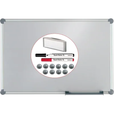 MAUL Whiteboard 2000 MAULpro Maße der Oberfläche: 90 x 60 cm (B x H) nicht beidseitig beschreibbar inkl. 2 Boardmarker (je 1 x schwarz, rot) 1 magnethaftender Tafelwischer mit Vlies-Spanneinrichtung, 10 hochglanzpolierte Kugel-Magnete (grau) Stahlblech