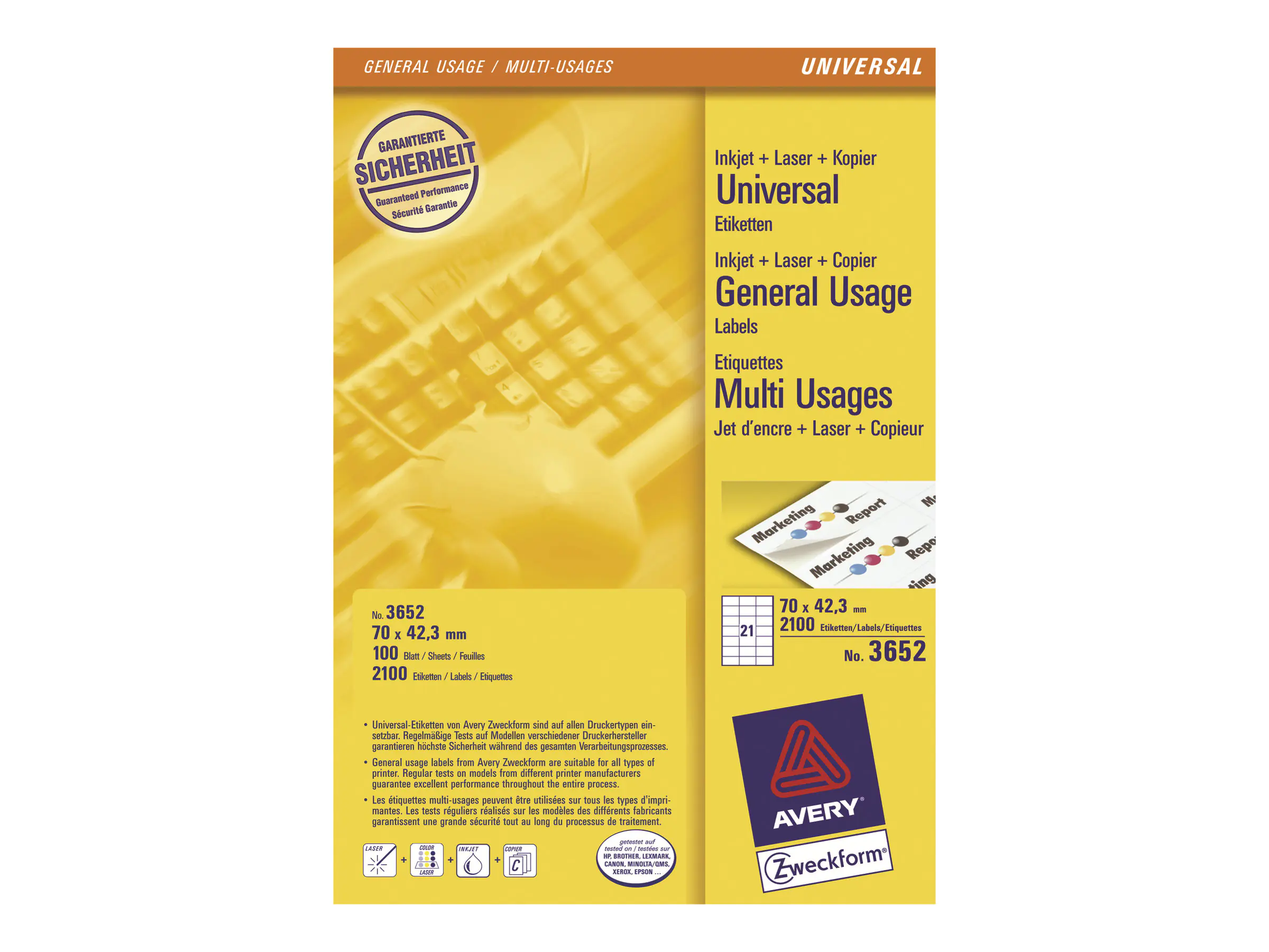 Avery Zweckform Universaletikett 3652 70x42,3mm weiß 2.100 St./Pack.
