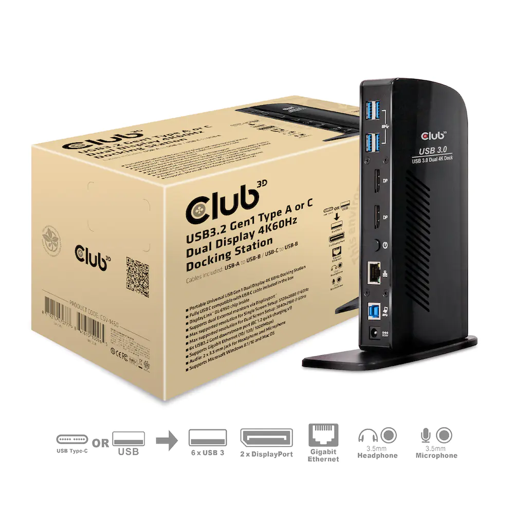 Club 3D USB 3.0 Dual Display 4K60Hz Docking Station CSV-1460