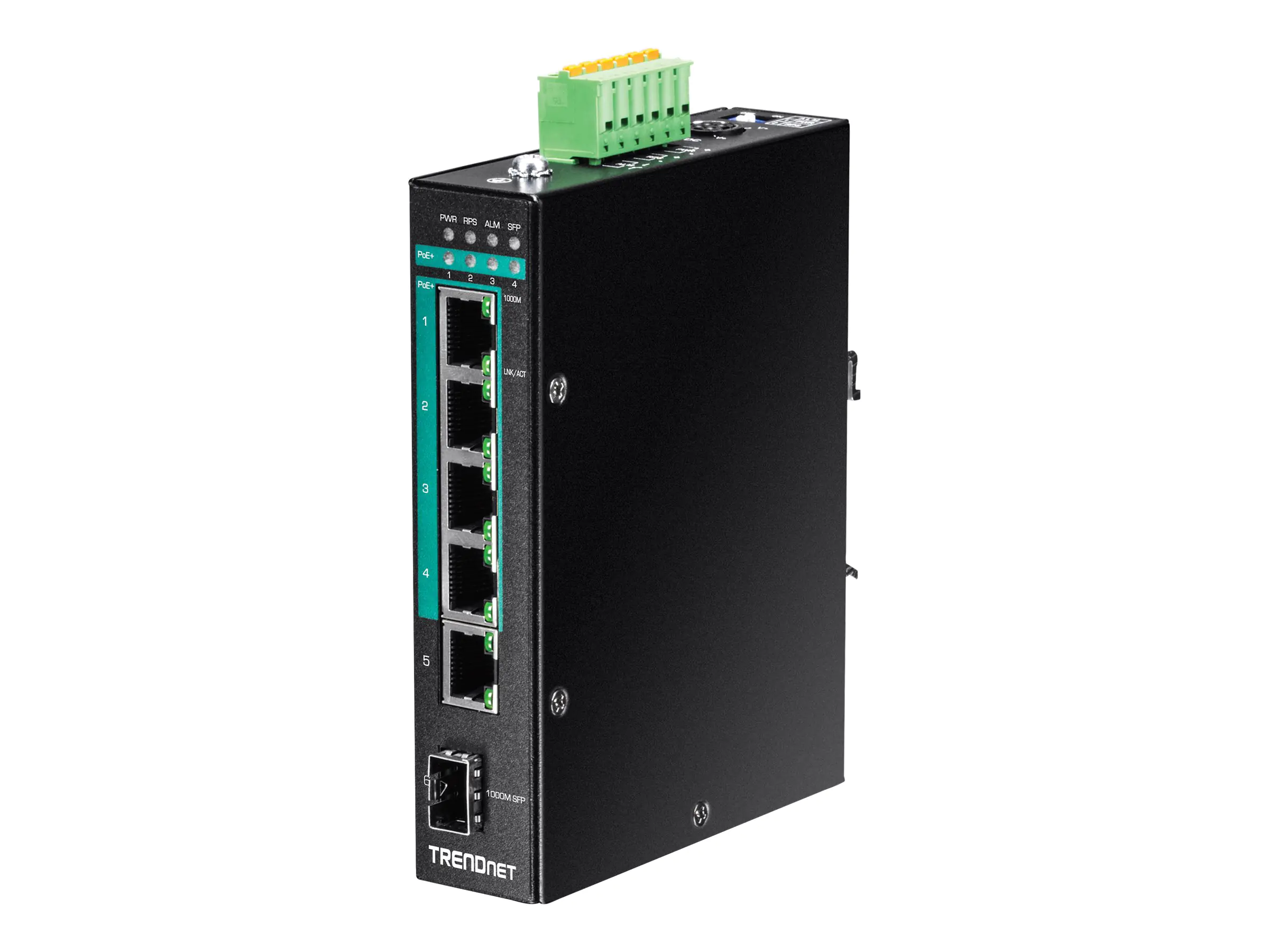 TRENDnet TI-PG541I - Switch - managed - 4 x 10/100/1000 (PoE+) + 1 x 10/100/1000 + 1 x Gigabit SFP - an DIN-Schiene montierbar - PoE+ (120 W)