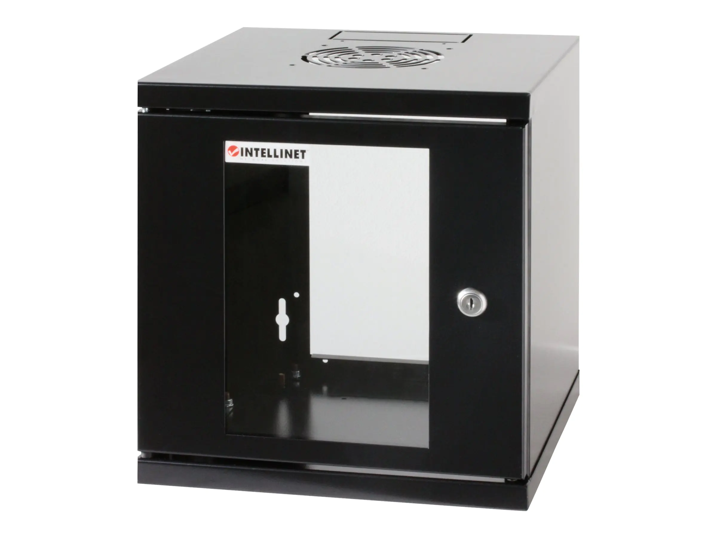 Intellinet Network Cabinet, Wall Mount (Standard), 15U, Usable Depth 500mm/Width 540mm, Black, Assembled, Max 60kg, Metal & Glass Door, Back Panel, Removeable Sides,Suitable also for use on desk or floor,19",Parts for wall install (eg screws/rawl plugs) n