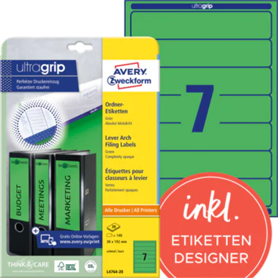 Avery Zweckform Ordneretikett L4764-20 38x192mm gn 140 St./Pack. Avery Zweckform Ordneretikett L4764-20 38x192mm gn 140 St./Pack.