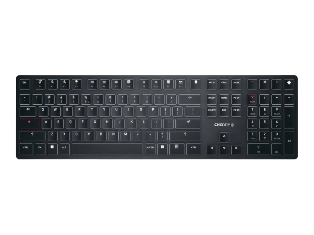 CHERRY KW X ULP - Tastatur - hintergrundbeleuchtet - kabellos - 2.4 GHz, Bluetooth 5.2, kabelgebunden - US mit Euro-Symbol - Tastenschalter: CHERRY MX Ultra Low Profile - Schwarz - plastikfreie Verpackung
