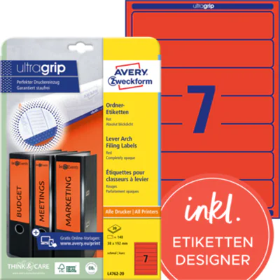 Avery Zweckform Ordneretikett L4762-20 38x192mm rt 140 St./Pack. Avery Zweckform Ordneretikett L4762-20 38x192mm rt 140 St./Pack.