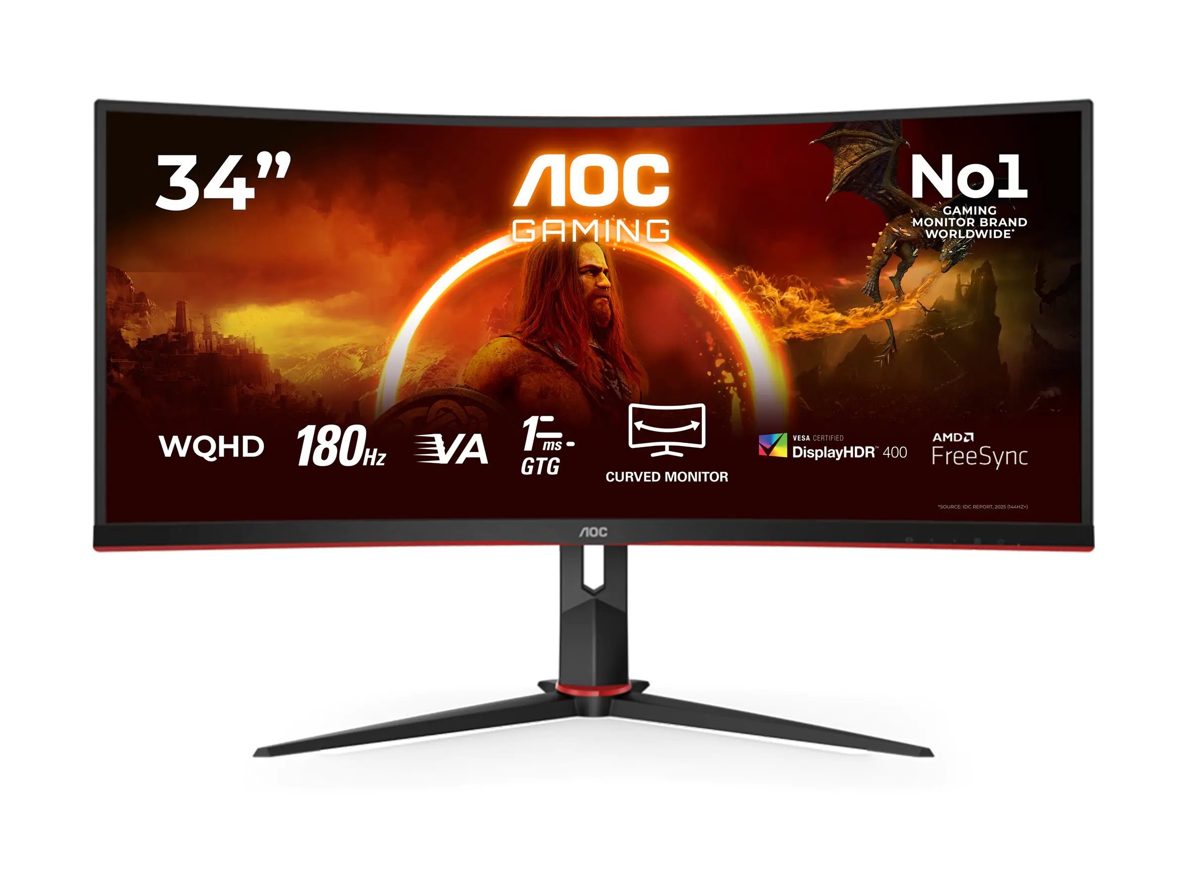 AOC Gaming CU34G2XP/BK - LED-Monitor - Gaming - gebogen - 86.4 cm (34") - 3440 x 1440 WQHD @ 180 Hz - VA - 4000:1 - DisplayHDR 400 - 1 ms - 2xHDMI, 2xDisplayPort - Schwarz