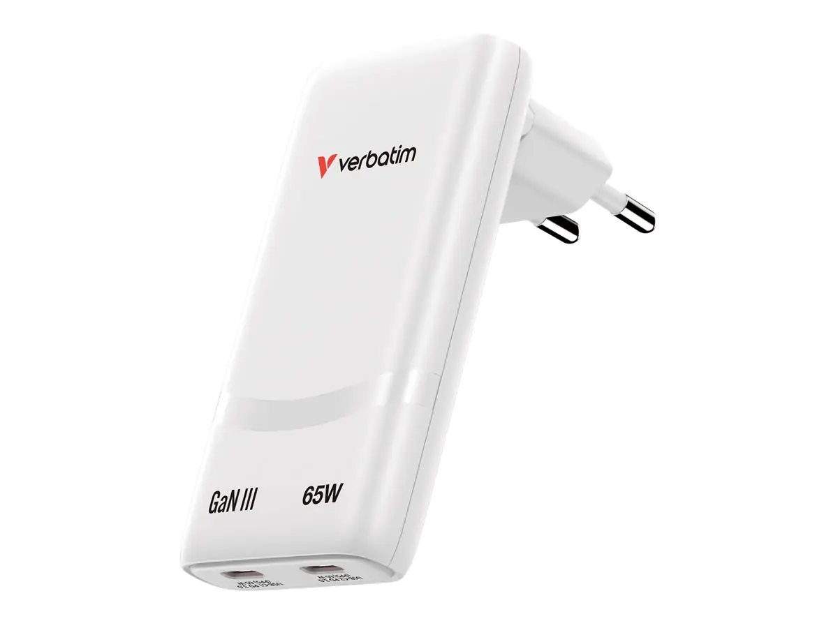 Verbatim Fold 'n' Go - Netzteil - GaN - 65 Watt - 3.25 A - Power Delivery 3.0 + PPS - 2 Ausgabeanschlussstellen (USB-C) 32355