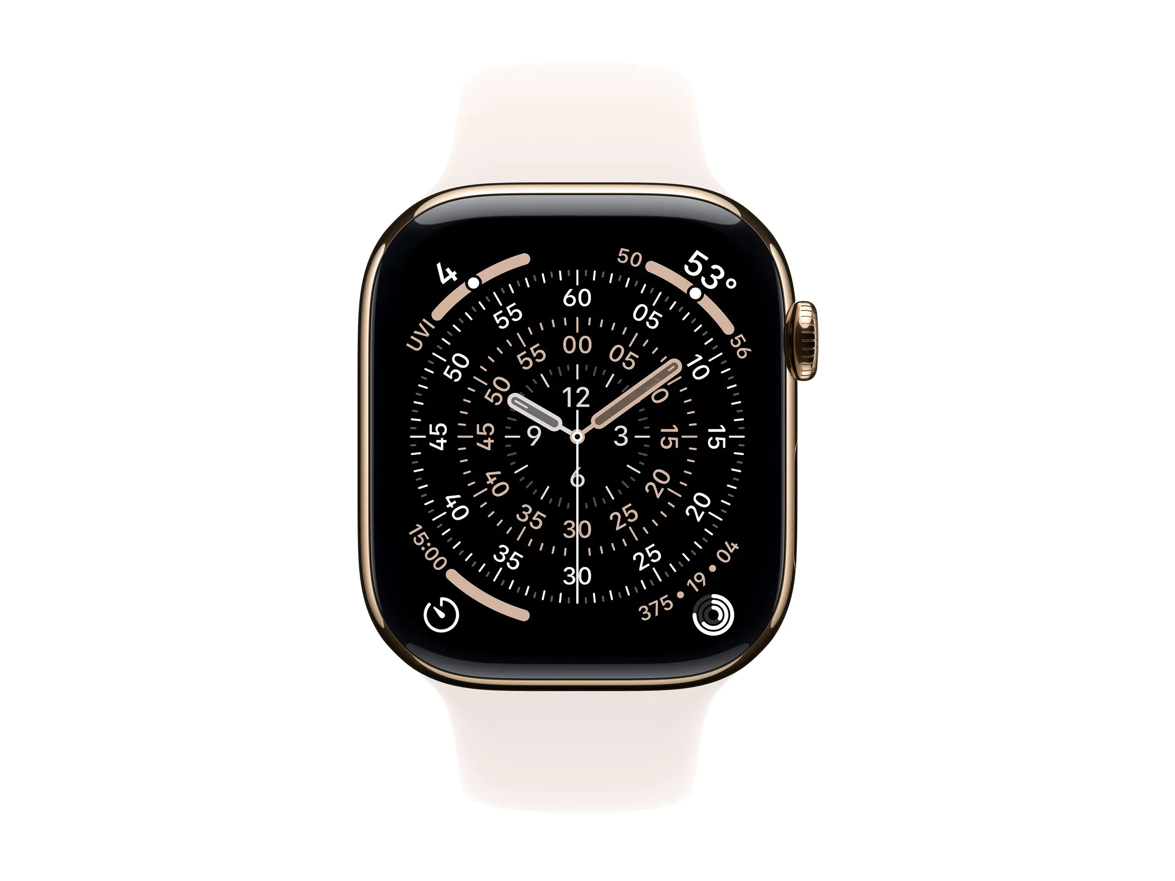 Apple Watch Series 11 (GPS + Cellular) - 46 mm - Gold Titan - intelligente Uhr mit Sportband - Flouroelastomer - hellrosa - Bandgröße: M/L - 64 GB - LTE, Wi-Fi 4, UWB, Bluetooth - 5G - 43.1 g