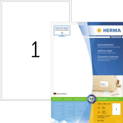 HERMA Etikett PREMIUM 4252 199,6x289,1mm A4 weiß 100 St./Pack. HERMA Etikett PREMIUM 4252 199,6x289,1mm A4 weiß 100 St./Pack.