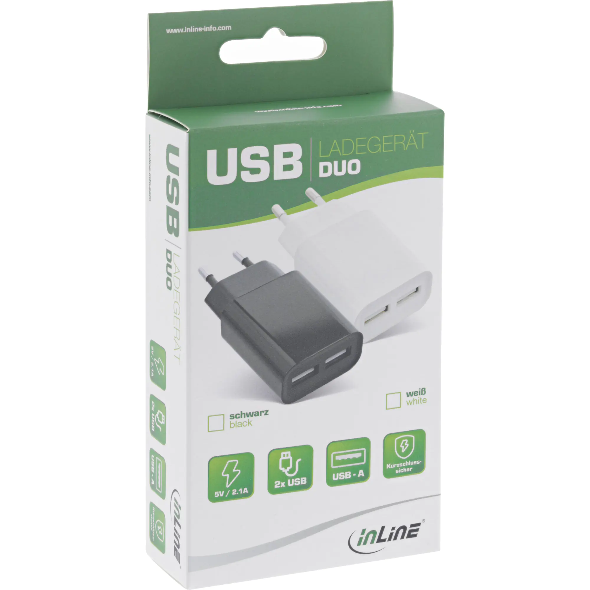 InLine USB Ladegerät DUO - Netzteil 2-fach - 100-240V zu 5V/2.1A - weiß 31503W