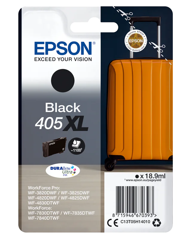 Epson 405XL - 18.9 ml - Schwarz - original - Tintenpatrone - für WorkForce WF-7310, 7830, 7835, 7840; WorkForce Pro WF-3820, 3825, 4820, 4825, 4830, 7840 Epson 405XL - 18.9 ml - Schwarz - original - Tintenpatrone - für WorkForce WF-7310, 7830, 7835, 7840; WorkForce Pro WF-3820, 3825, 4820, 4825, 4830, 7840