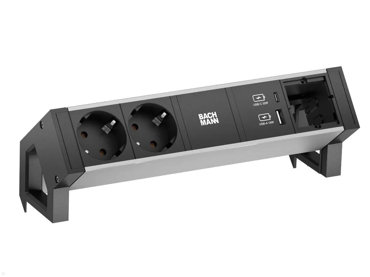 Bachmann DESK 2, Tischanschlussfeld 2x Steckdose, USB-A/C-Charger, alu/schwarz