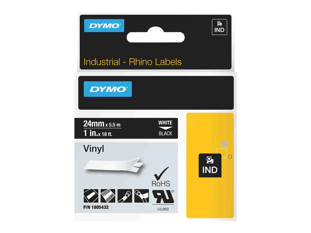 Dymo Rhino Coloured Vinyl - Vinyl - permanenter Klebstoff - Weiß auf Schwarz - Rolle (2,54 cm x 5,5 m)