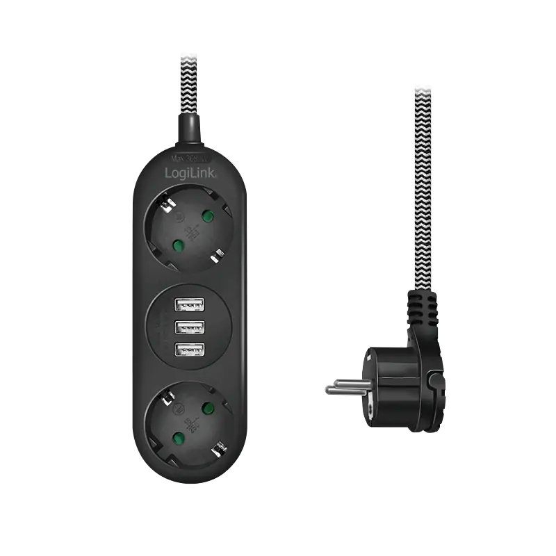 LogiLink - Steckdosenleiste - Wechselstrom 250 V - 3680 Watt - Ausgangsanschlüsse: 2 (3 x USB Typ A, 2 x CEE 7/3) - 1.5 m Schnur - Deutschland - Schwarz