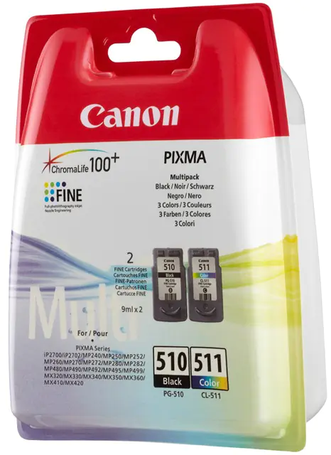 Canon PG-510 / CL-511 Multi pack - 2er-Pack - Schwarz, Farbe (Cyan, Magenta, Gelb) - Original - Tintenpatrone - für PIXMA MP230, MP237, MP252, MP258, MP270, MP280, MP282, MP499, MX350, MX360, MX410, MX420 Canon PG-510 / CL-511 Multi pack - 2er-Pack - Schwarz, Farbe (Cyan, Magenta, Gelb) - Original - Tintenpatrone - für PIXMA MP230, MP237, MP252, MP258, MP270, MP280, MP282, MP499, MX350, MX360, MX410, MX420