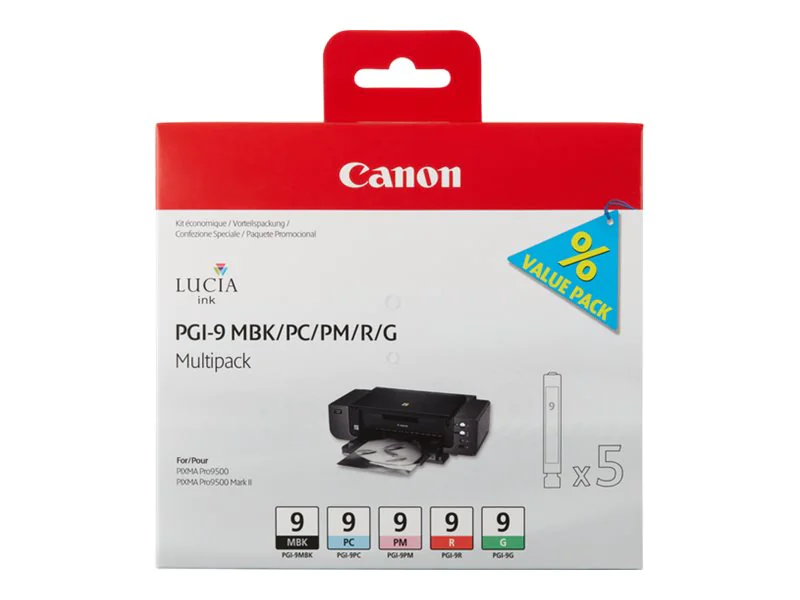 Canon PGI-9 MBK/PC/PM/R/G Multi-Pack - 5er-Pack - Rot, grün, mattschwarz, Photo Cyan, Photo Magenta - Original - Tintenbehälter - für PIXMA Pro9500, Pro9500 Mark II