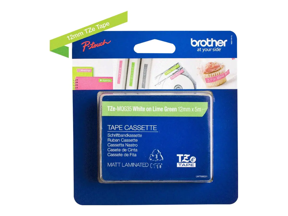 Brother TZe-MQG35 - Matt - selbstklebend - white on apple green - Rolle (1,2 cm x 4 m) 1 Kassette(n) laminiertes Band - für Brother PT-D210, D600, H110, P750, P950; P-Touch PT-E550; P-Touch Cube PT-P300, P910