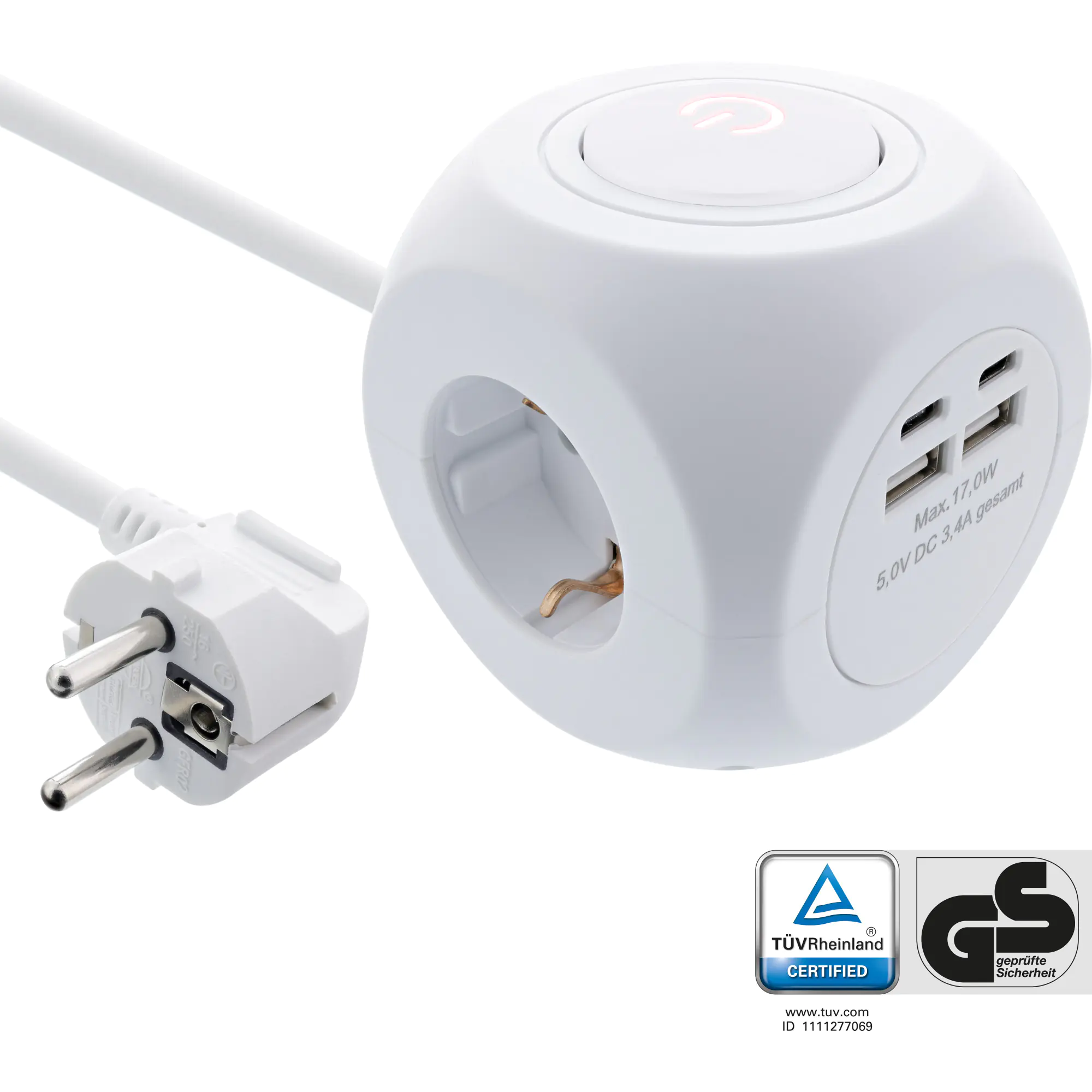 InLine Charging Cube - 3x Schutzkontakt - 2x USB-C - 2x USB-A - weiß - 2m 16499A