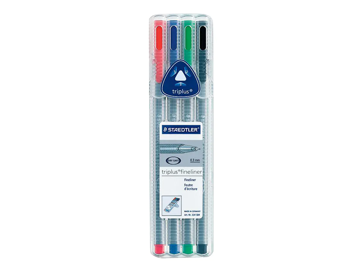 STAEDTLER triplus 334 - Fineliner - Schwarz, Rot, Blau, Grün - wasserbasierte Tinte - 0.3 mm - extrafein (Packung mit 4) 334 SB4