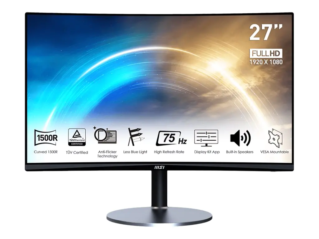 MSI PRO MP272CDE - LED-Monitor - gebogen - 68.6 cm (27") - 1920 x 1080 Full HD (1080p) @ 75 Hz - VA - 250 cd/m² - 4000:1 - 1 ms - HDMI, VGA - Lautsprecher - Schwarz