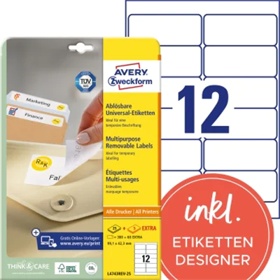 Avery Zweckform Etikett L4743REV-25 99,1x42,3mm weiß 360 St./Pack. Avery Zweckform Etikett L4743REV-25 99,1x42,3mm weiß 360 St./Pack.
