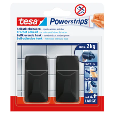 tesa® Haken Powerstrips® Large Fliesen, Glas, Holz, Kunststoff 2kg schwarz 2 St./Pack. tesa® Haken Powerstrips® Large Fliesen, Glas, Holz, Kunststoff 2kg schwarz 2 St./Pack.