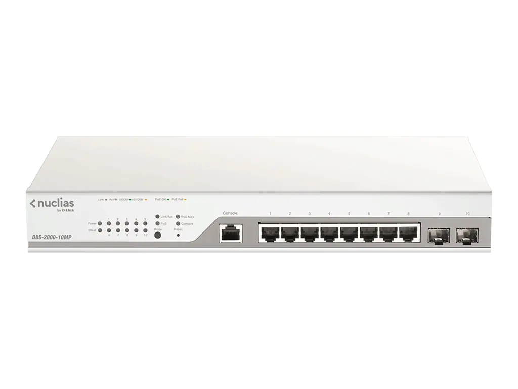 D-Link Nuclias Cloud-Managed DBS-2000-10MP - Switch - Smart - 8 x 10/100/1000 (PoE+) + 2 x Kombi-Gigabit-SFP - an Rack montierbar - PoE+ (130 W) - mit 1 Jahr Nuclias Cloud Management