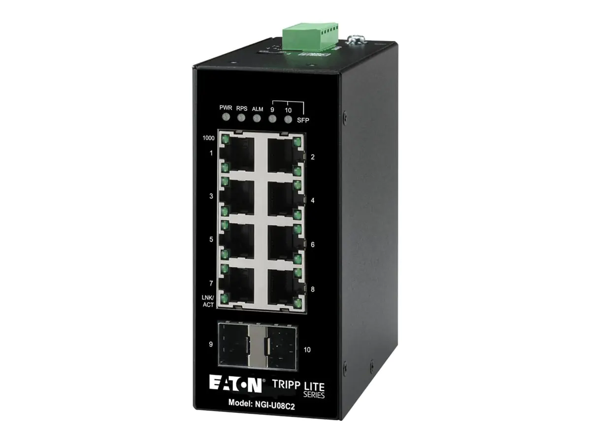 Eaton Tripp Lite series Unmanaged Industrial Gigabit Ethernet Switch 8-Port - 10/100/1000 Mbps, 2 GbE SFP Slots, DIN Mount - Switch - unmanaged - 8 x 10/100/1000 + 2 x Gigabit SFP (Uplink) NGI-U08C2