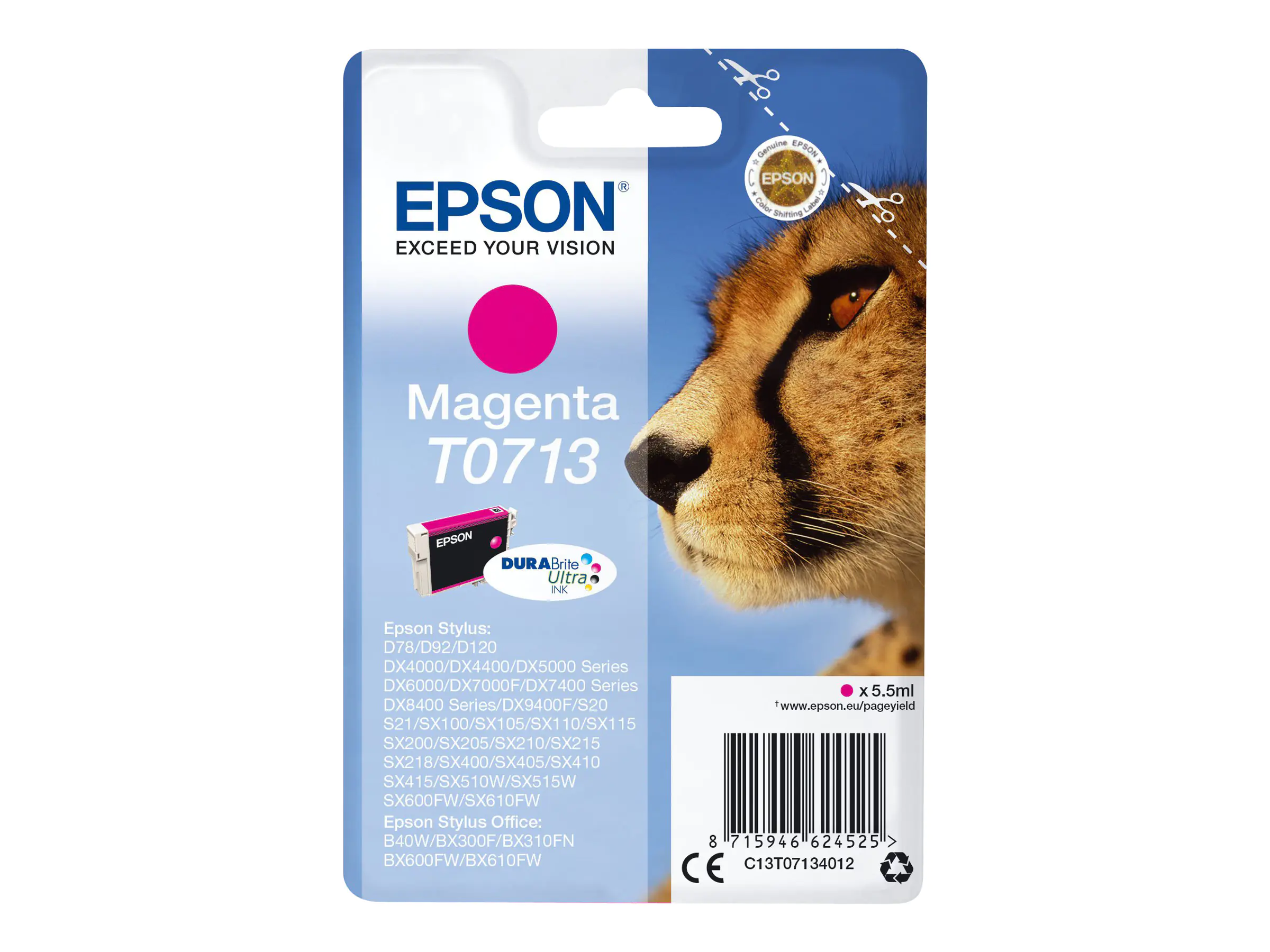 Epson T0713 - 5.5 ml - Magenta - Original - Tintenpatrone - für Stylus DX9400, SX115, SX210, SX215, SX218, SX415, SX515, SX610; Stylus Office BX310, BX610