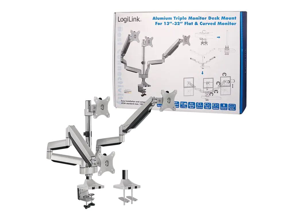 LogiLink - Befestigungskit - einstellbarer Arm - für 3 LCD-Anzeigen - Aluminium - Bildschirmgröße: 33-81.3 cm (13"-32") - Tischmontage