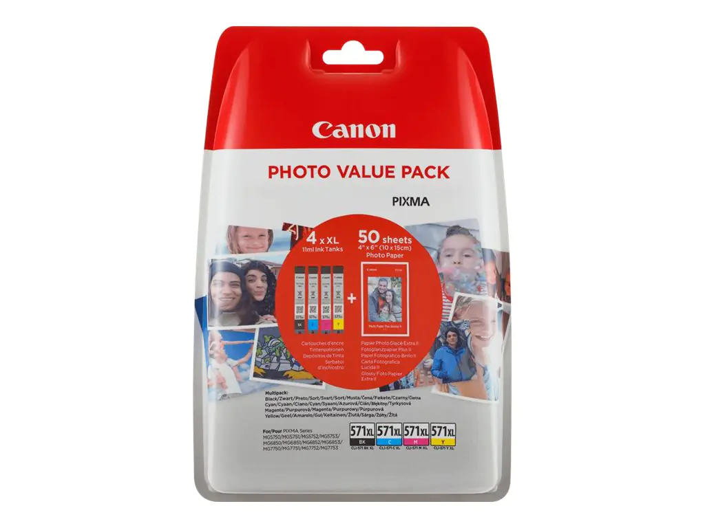 Canon CLI-571 XL C/M/Y/BK Photo Value Pack - 4er-Pack - 11 ml - Schwarz, Gelb, Cyan, Magenta - Original - Tintenbehälter- / Papierpaket - für PIXMA TS5051, TS5053, TS5055, TS6050, TS6051, TS6052, TS8051, TS8052, TS9050, TS9055 Canon CLI-571 XL C/M/Y/BK Photo Value Pack - 4er-Pack - 11 ml - Schwarz, Gelb, Cyan, Magenta - Original - Tintenbehälter- / Papierpaket - für PIXMA TS5051, TS5053, TS5055, TS6050, TS6051, TS6052, TS8051, TS8052, TS9050, TS9055