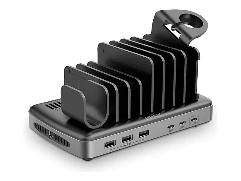 Lindy Ladestation - 160 Watt - PD 2.0, PD 3.0, QC 3.0, QC 4.0, AFC, Power Delivery 3.1, Apple 2.4A, PD/PPS, USB BC 1.2 - 6 Ausgabeanschlussstellen (3 x USB Typ A, 3 x USB-C) 73436