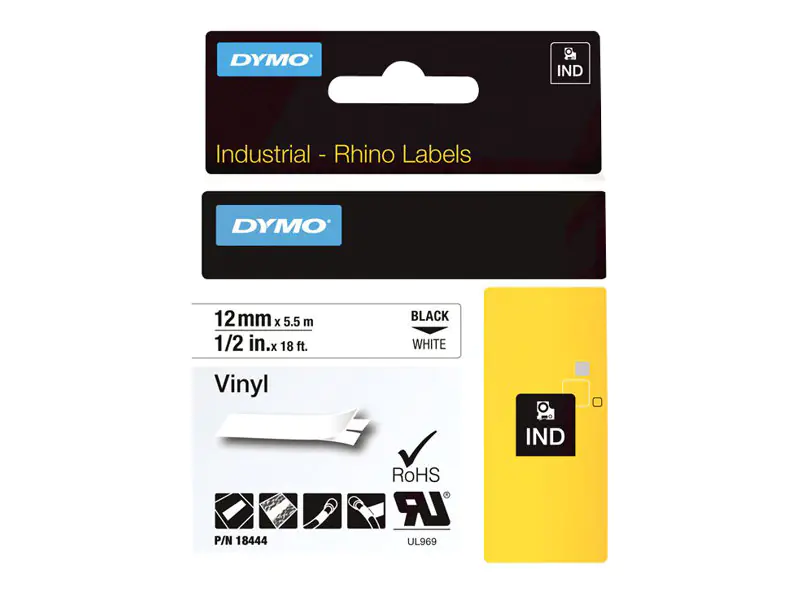 DYMO IND All-Purpose - Vinyl - Klebstoff - Schwarz auf Weiß - Rolle (1,2 cm x 5 m) 1 Kassette(n) Etikettenband - für LabelMANAGER 210, 280, 360, 420, PnP; Rhino 4200, 5200; RhinoPRO 6000 DYMO IND All-Purpose - Vinyl - Klebstoff - Schwarz auf Weiß - Rolle (1,2 cm x 5 m) 1 Kassette(n) Etikettenband - für LabelMANAGER 210, 280, 360, 420, PnP; Rhino 4200, 5200; RhinoPRO 6000