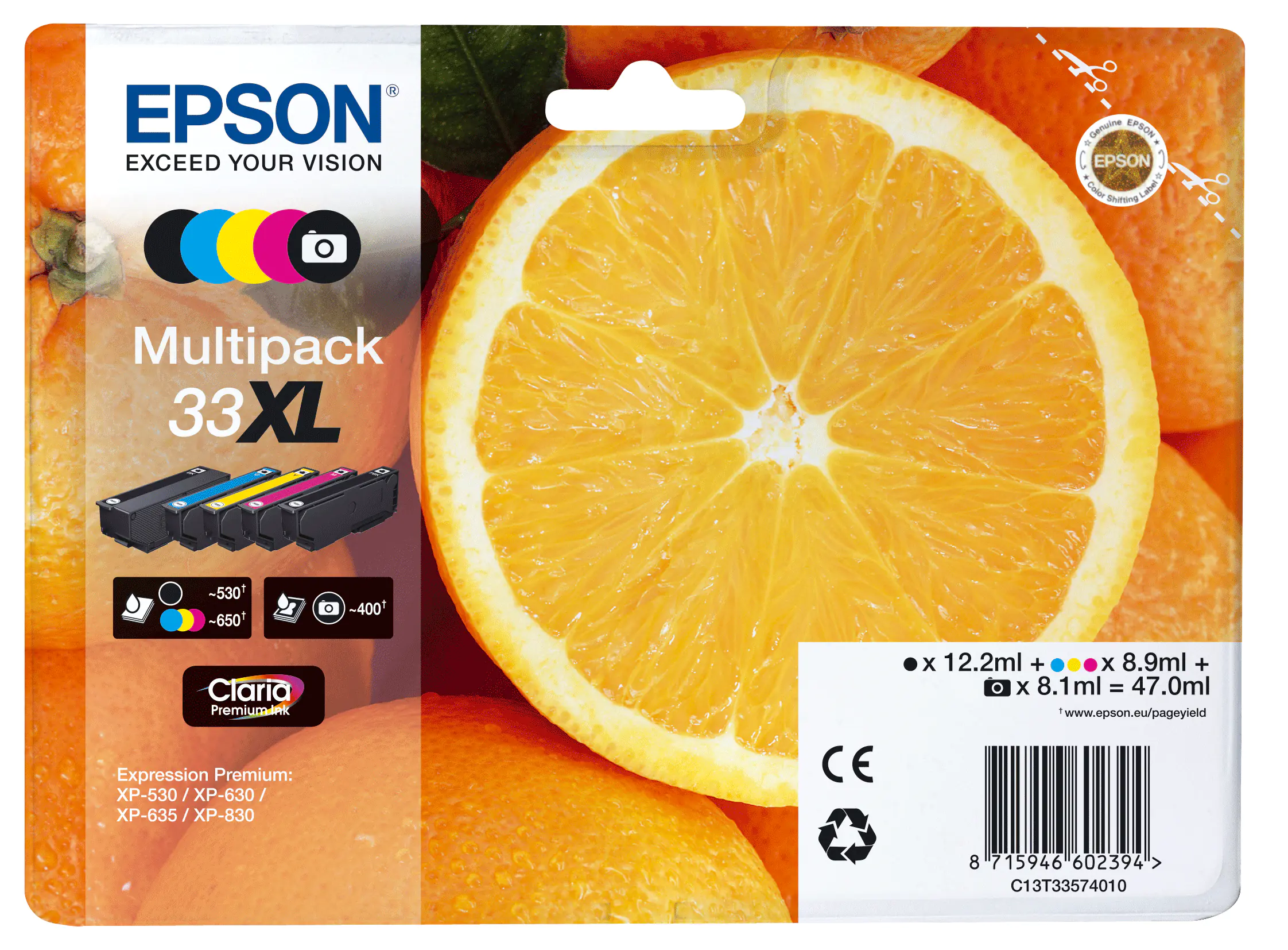 Epson 33XL Multipack - 5er-Pack - 47 ml - XL - Schwarz, Gelb, Cyan, Magenta, Photo schwarz - Original - Blisterverpackung - Tintenpatrone - für Expression Premium XP-530, XP-630, XP-635, XP-640, XP-645, XP-830, XP-900