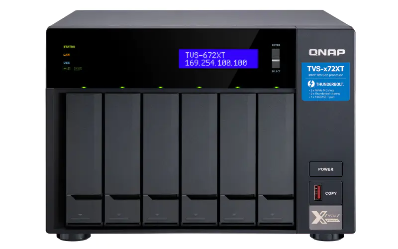QNAP TVS-672XT - NAS-Server - 6 Schächte - SATA 6Gb/s - RAID RAID 0, 1, 5, 6, 10, 50, JBOD - RAM 8 GB - Gigabit Ethernet / 10 Gigabit Ethernet / Thunderbolt 3 - iSCSI Support