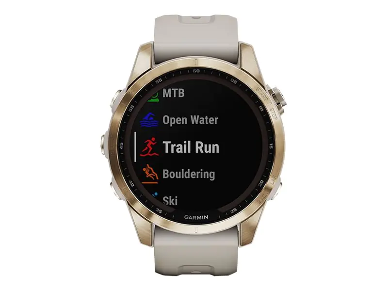 Garmin fenix 7S Sapphire Solar - 42 mm - cream gold titanium - Sportuhr mit Band - Silikon - sandfarben - Handgelenkgröße: 108-182 mm - Anzeige 3.04 cm (1.2") - 32 GB - Bluetooth, Wi-Fi, ANT+ - 58 g